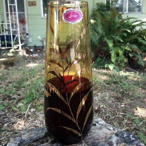 Vintage Lenko Gold Gilt Amber Glass Vase Czekoslavakia